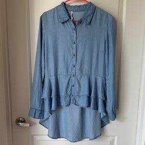 Chambray High-Low Button-Down Shirt with Ruffle Detail
